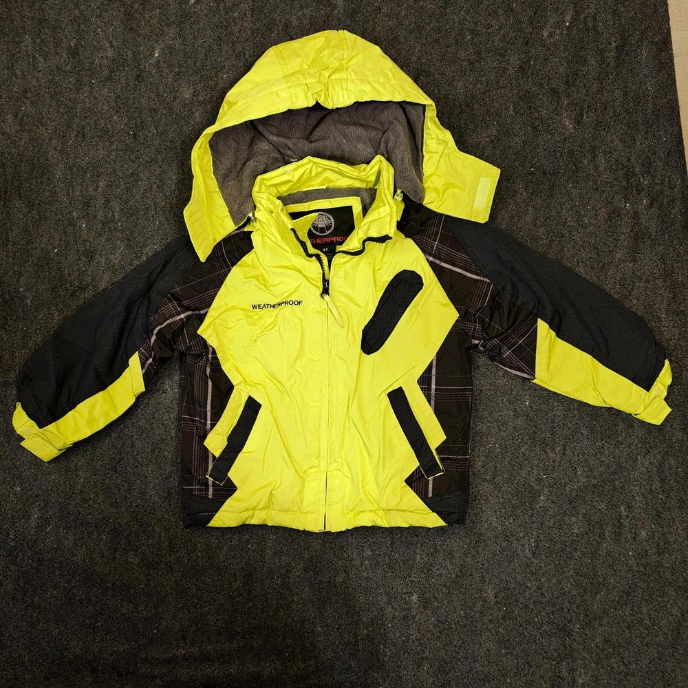 Weatherproof Boys Neon Yellow Black Hooded Rain Jacket Fleece Lined Size 4T